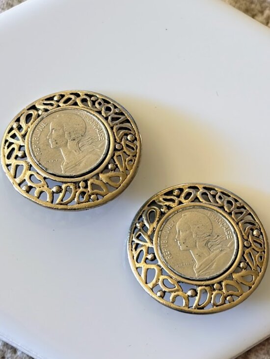Vintage Jewelry - Vintage French Coin Clip On Filigree Earrings Mixed Metal Gold and Silver